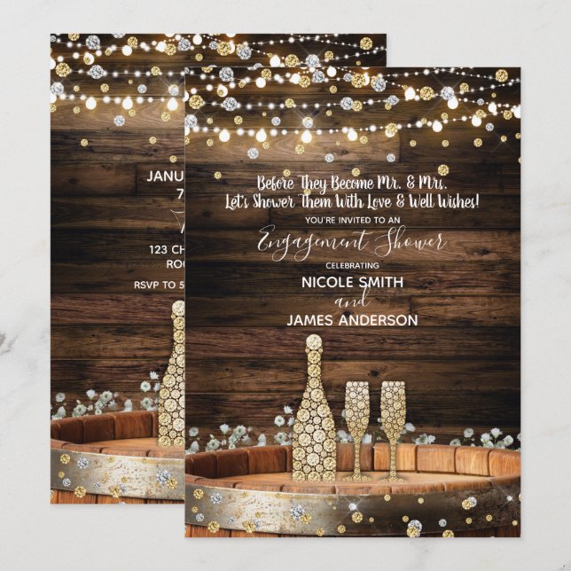 Rustikales Holzfass und Lichter Champagner-Feier Einladung (Vorne/Hinten)