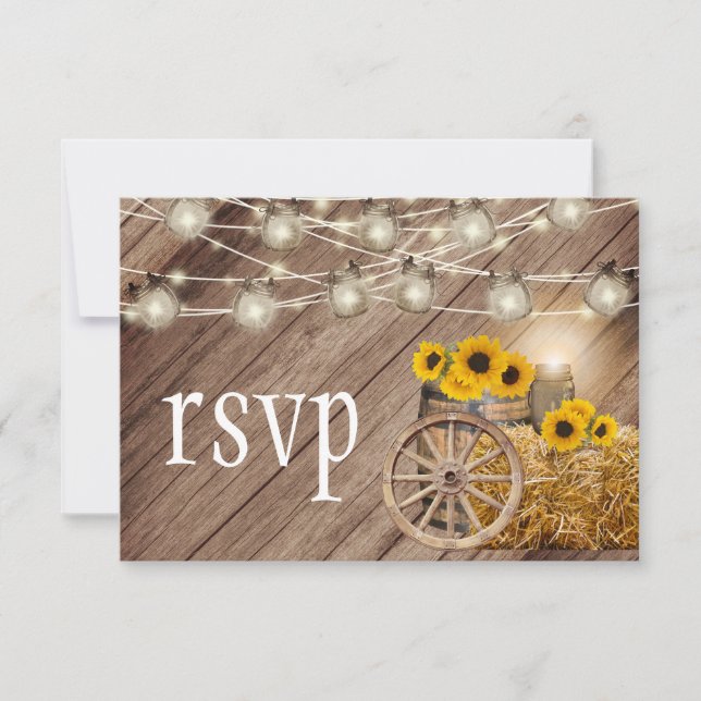 Rustikales Holzfass und Sonnenblumen - UAWG RSVP Karte (Vorderseite)