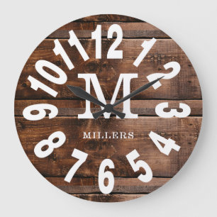 Rustikales Holzfett Familienname Monogramm  Große Wanduhr