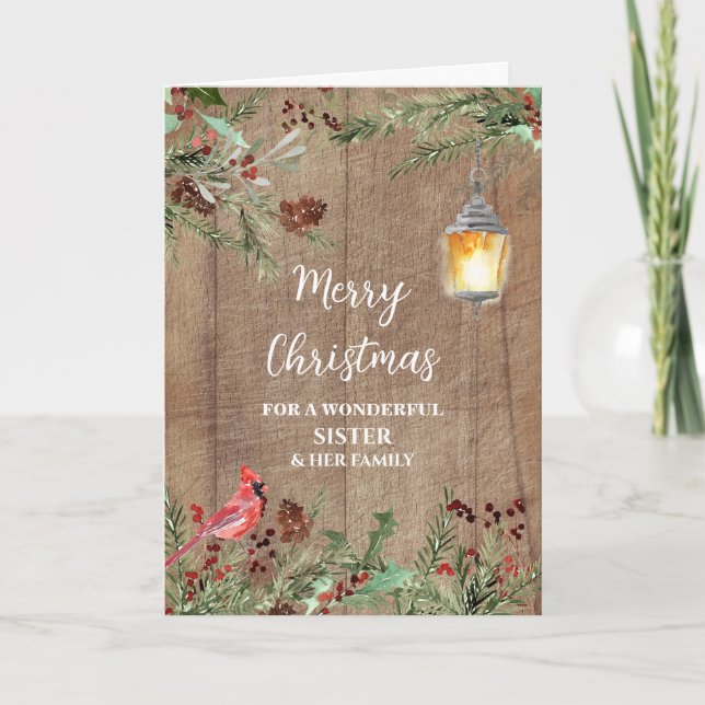 Rustikales Holzfinster & Familie Frohe Weihnachten Karte (Vorderseite)