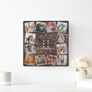 Rustikales Holzfoto-Collage Monogramm erstellen Si Quadratische Wanduhr