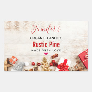Rustikales Holzfoto mit Weihnachtsartikeln Kerze Rechteckiger Aufkleber