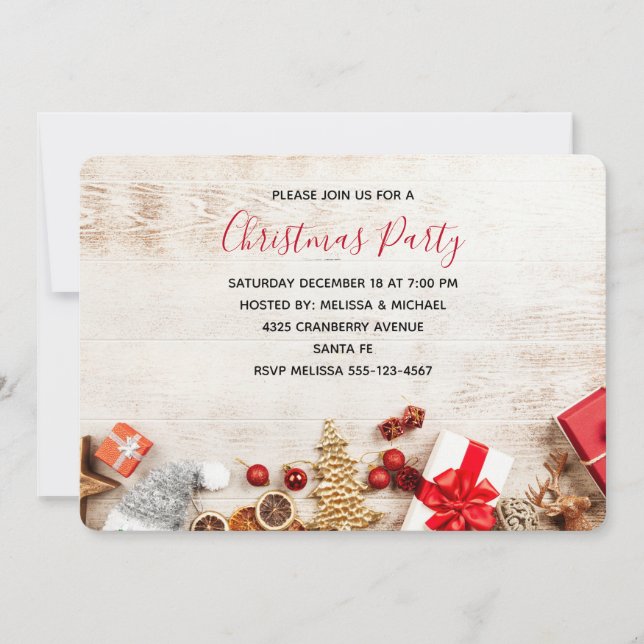 Rustikales Holzfoto mit Weihnachtsartikeln Party Einladung (Vorderseite)