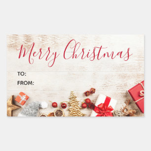 Rustikales Holzfoto mit Weihnachtsartikeln Rechteckiger Aufkleber