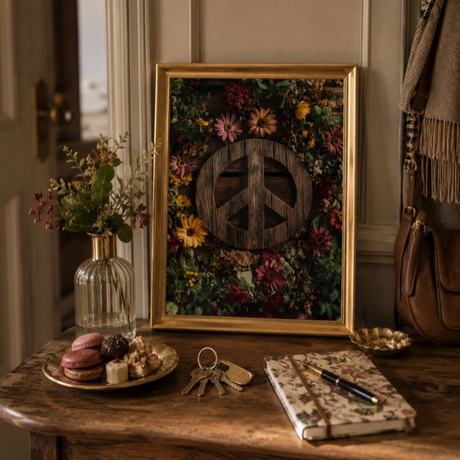 Rustikales Holzfriedschild mit Wildblumen Poster (Welcoming entry table with framed peace artwork, flowers, sweet treats, keys, and daily essentials.)