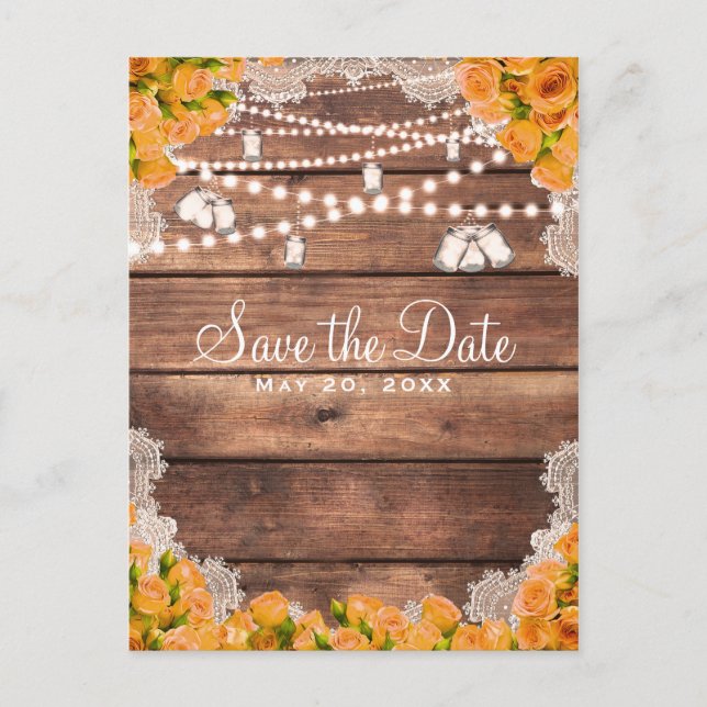 Rustikales Holzgelb Rose Elegant Save the Date Ankündigungspostkarte (Vorderseite)