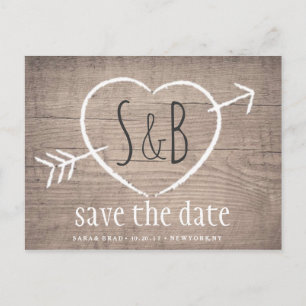 Rustikales Holzherz Elegant SAVE THE DATE Postkart Ankündigungspostkarte