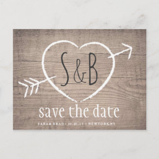 Rustikales Holzherz Elegant SAVE THE DATE Postkart Ankündigungspostkarte