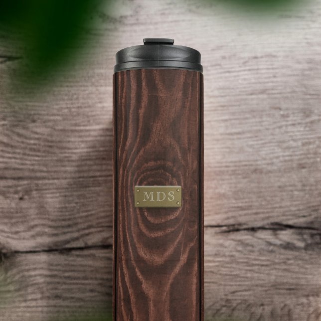 Rustikales Holzkörnchen Mit Monogramm Camping Thermosbecher (Perfect for camping enthusiasts. Just add your initials)