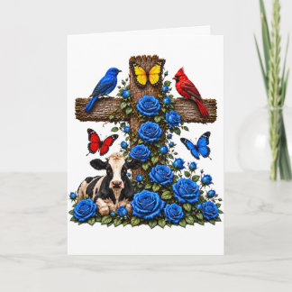 Rustikales Holzkreuz mit blauen Rosen, Kuh und Vög Karte