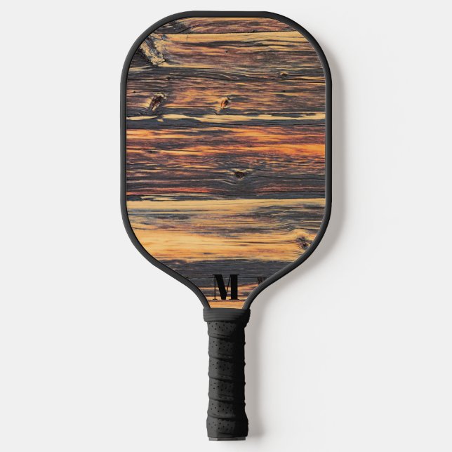 Rustikales Holzpflaster Modernes Monogramm Pickleball Schläger (Vorderseite)