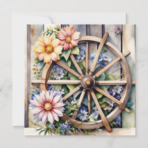 Rustikales Holzrad mit Blumen Karte