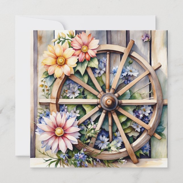 Rustikales Holzrad mit Blumen  Karte (Vorderseite)