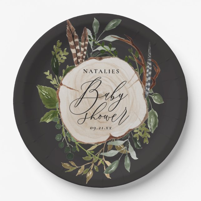 Rustikales Holzschnitt Babydusche Party PapierTell Pappteller (Vorderseite)