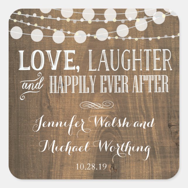 Rustikales Holzspiel Hochzeitsticker Quadratischer Aufkleber (Vorderseite)