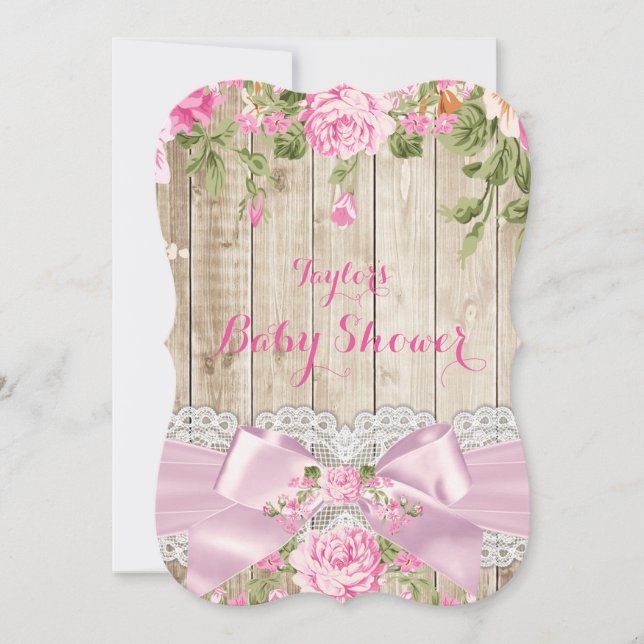 Rustikales Holzspieß Pink Blumenspülung Einladung (Vorderseite)