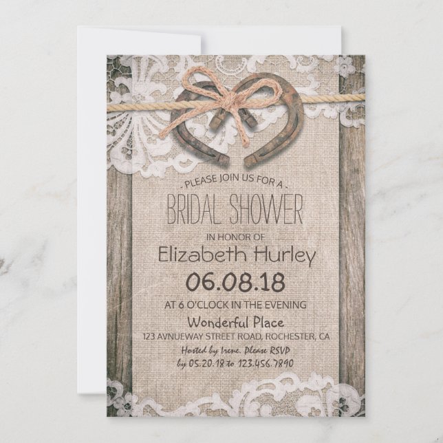 Rustikales Horseshoe Burlap Lace Brautparty Einladung (Vorderseite)