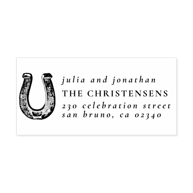 Rustikales Horseshoe - Hochzeitsnamen und Rücksend Gummistempel (Prägung)