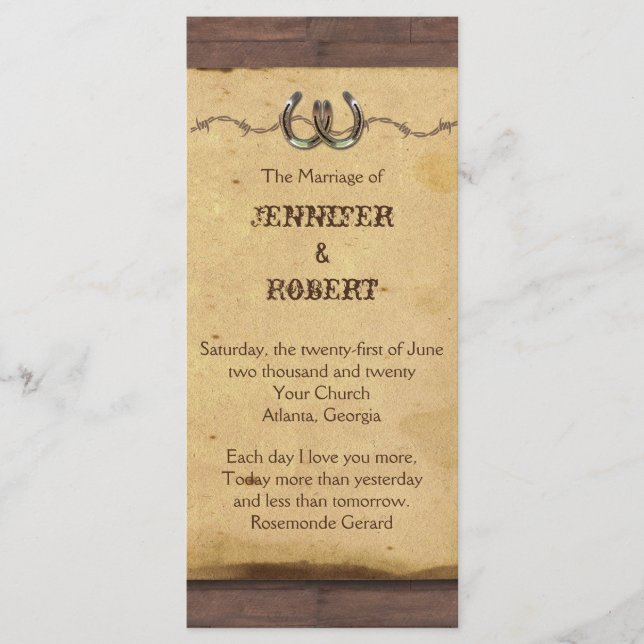 Rustikales Horseshoes Barbed Wire Wedding Program Programm (Vorderseite)