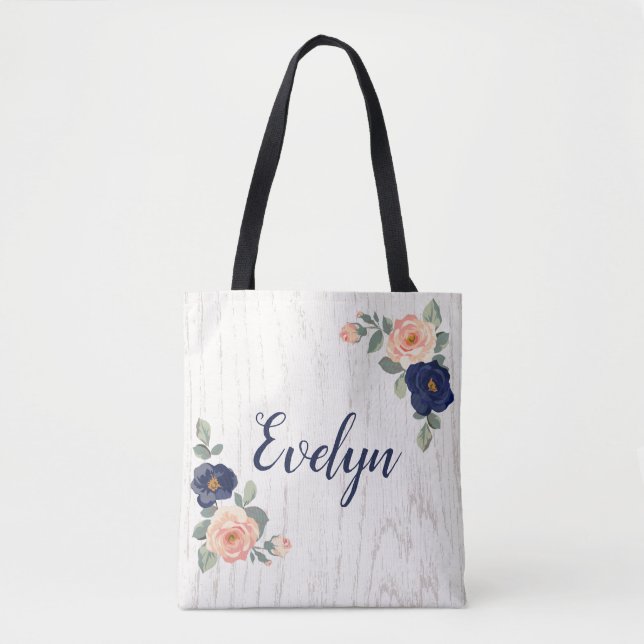Rustikales Hübsches Marineblau, Peach floral Perso Tasche (Vorderseite)