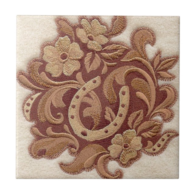rustikales Hufeisencowgirl-Westernland mit Blumen Fliese (Vorderseite)