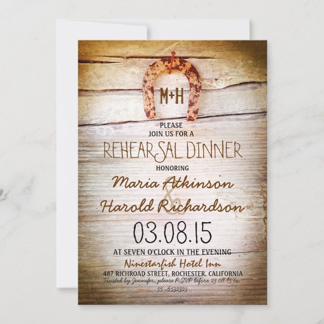 rustikales Hufeisenholz Probe Dinner Einladung (Vorderseite)