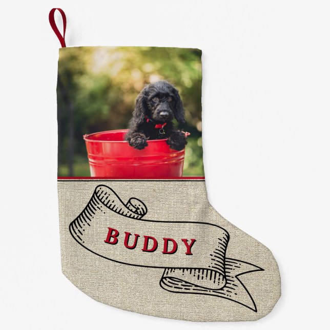 Rustikales Hunde Foto und Name Festivals Band Kleiner Weihnachtsstrumpf (Vorderseite)