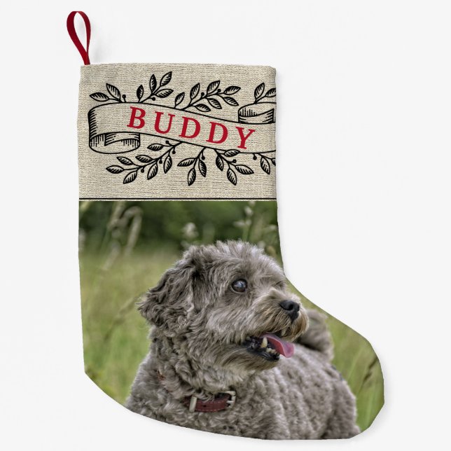 Rustikales Hunde Foto und Name Festivals Band Kleiner Weihnachtsstrumpf (Vorderseite)