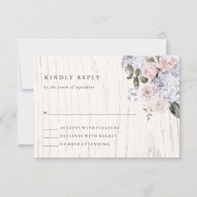 Rustikales Hydrangea Floral | White Wood Wedding RSVP Karte (Vorderseite)