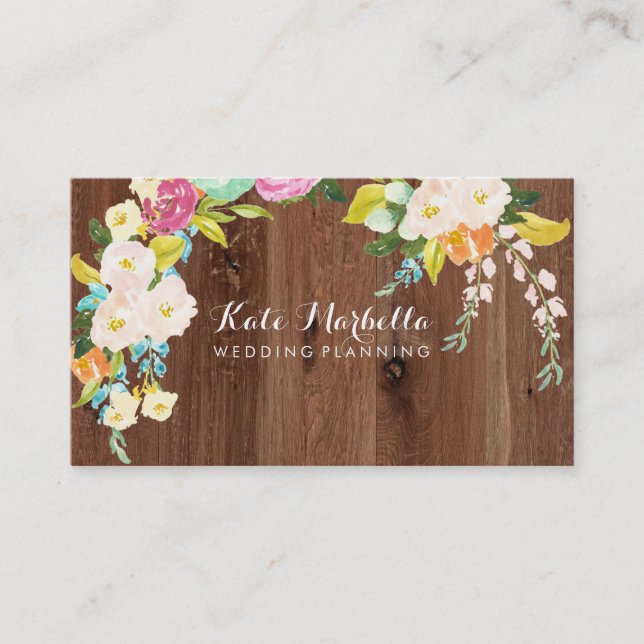 Rustikales Imitat hölzern mit bunten Blumen Visitenkarte (Vorderseite)