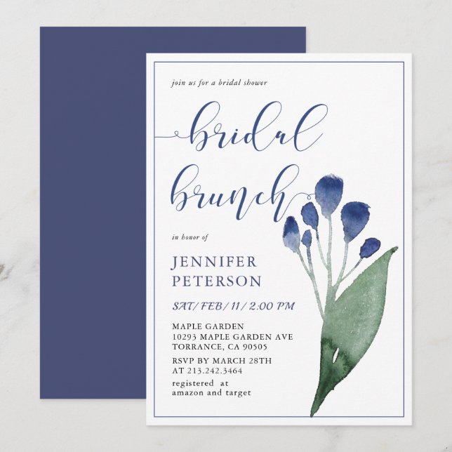 Rustikales Indigo Blue Blume Bridal Brunch Einladu Einladung (Vorne/Hinten)