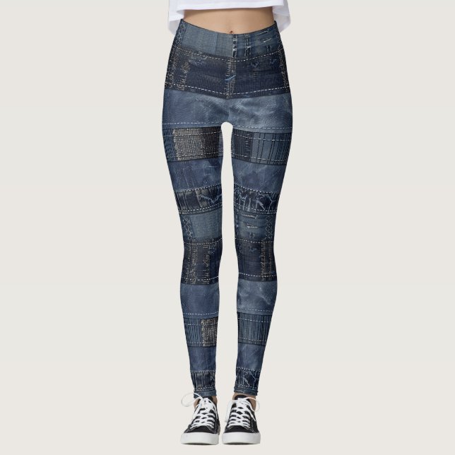Rustikales Indigo-Denim-Patchwork-Muster Leggings (Vorderseite)