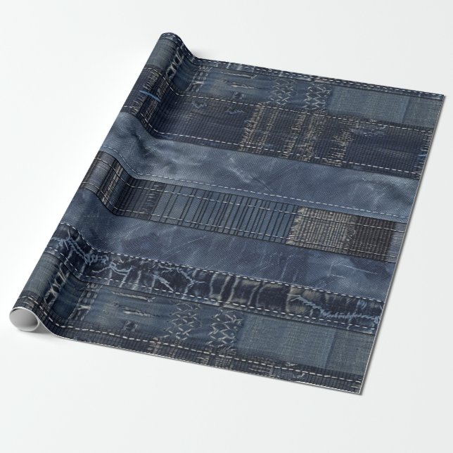 Rustikales Indigo-Denim-Patchworkmuster Geschenkpapier (Ungerollt)
