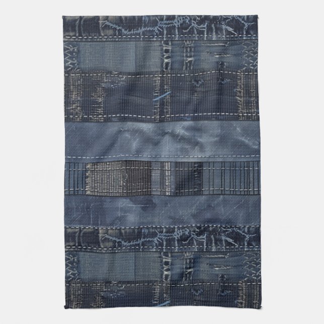 Rustikales Indigo-Denim-Patchworkmuster Geschirrtuch (Vertikal)