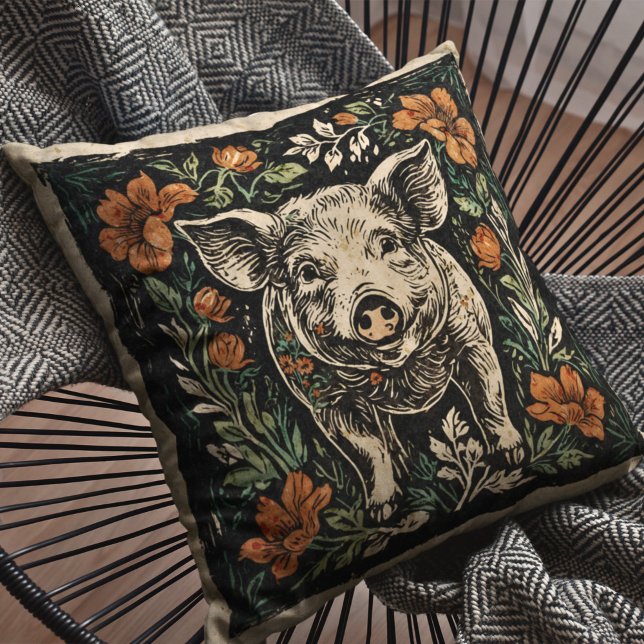 Rustikales Jugendstil-Bauernhaus Pig Floral Akzent Kissen (Von Creator hochgeladen)