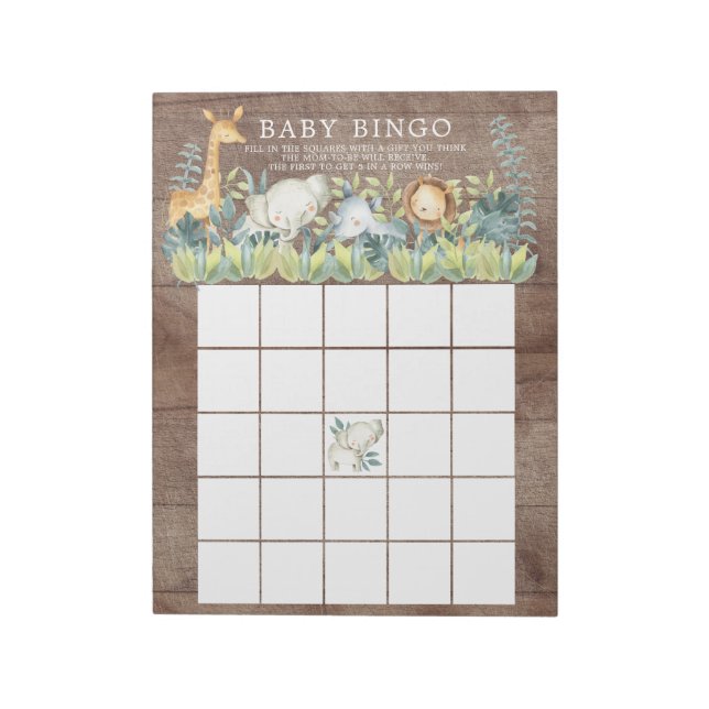 Rustikales Jungle Animals Baby Dusche Bingo Spiel Notizblock (Rotiert)