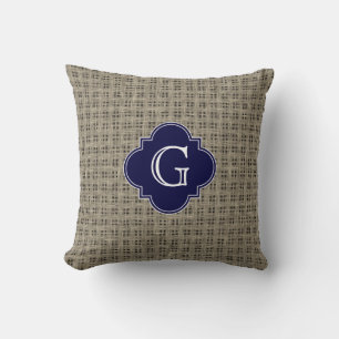 Rustikales Jute-Look, marineblaues Quatrefoil-Mono Kissen
