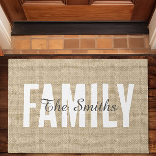 Rustikales Jute Tan Burlap-Familie Monogram Fußmatte