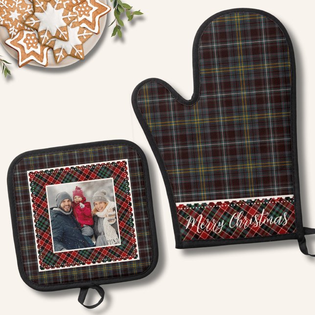 Rustikales Kariert Frohe Weihnachten Foto Ofenhandschuh & Topflappen-Set (Rustic Plaid Merry Christmas Photo Oven Mitt & Pot Holder Set)