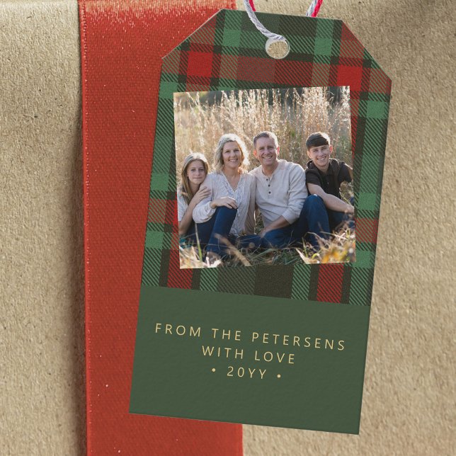 Rustikales kariertes Foto Weihnachten Familienurla Geschenkanhänger (Von Creator hochgeladen)