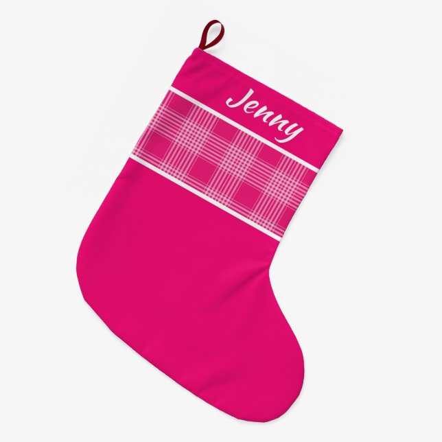 Rustikales Kariertes Muster Rosa individuelle Name Großer Weihnachtsstrumpf (Vorderansicht (hängend))