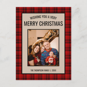Rustikales Kariertes Rotes Foto Frohe Weihnachten Postkarte