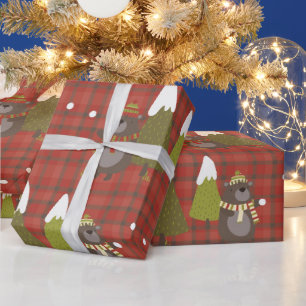 Rustikales Kariertes Weihnachtsbaum und Bärengesch Geschenkpapier