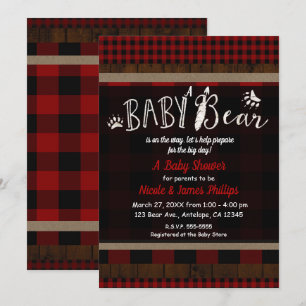 Rustikales Karo Rot Babybär Babyparty Unisex Einladung