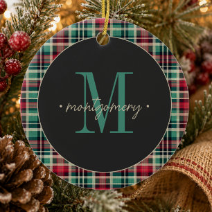 Rustikales Karo-Weihnachten Rot Grün Monogramm Keramik Ornament