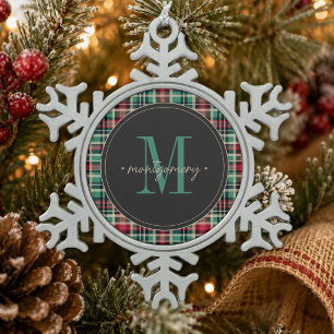 Rustikales Karo-Weihnachten Rot Grün Monogramm Schneeflocken Zinn-Ornament
