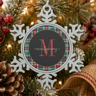 Rustikales Karo-Weihnachten Rot Grün Monogramm Schneeflocken Zinn-Ornament