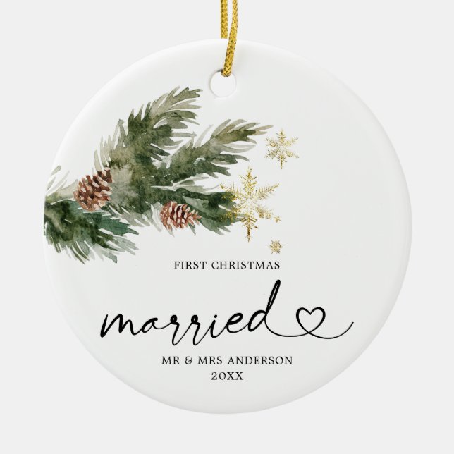 Rustikales Kiefernblatt Erste Weihnachtsfeier Verh Keramik Ornament (Vorne)