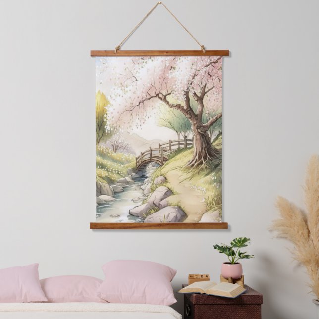 Rustikales Kirschblossom im Sonnenuntergang Wandteppich Mit Holzrahmen (Schlafzimmer)