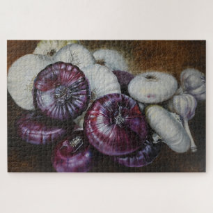 Rustikales Knoblauch- und Zwiebel-Stillleben – Fin
